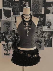 Attitoon Women's Y2K Style Metal Accent Halter Neck Tight Top, Summer - Dark Grey - View 6