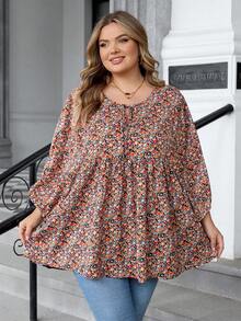 SHEIN CURVE+ Áo thun tay dài cổ tròn in họa tiết hoa nhỏ xinh xắn dành cho nữ cỡ lớn/2026/Năm mới - Nhiều màu - Xem 9