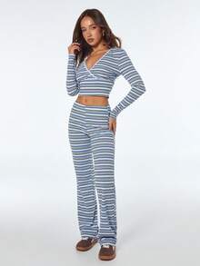 Sweetina Women's Striped Overlapping V-Neck Long Sleeve Cropped T-Shirt And Pants Casual 2 Pieces Set - Blue - View 4