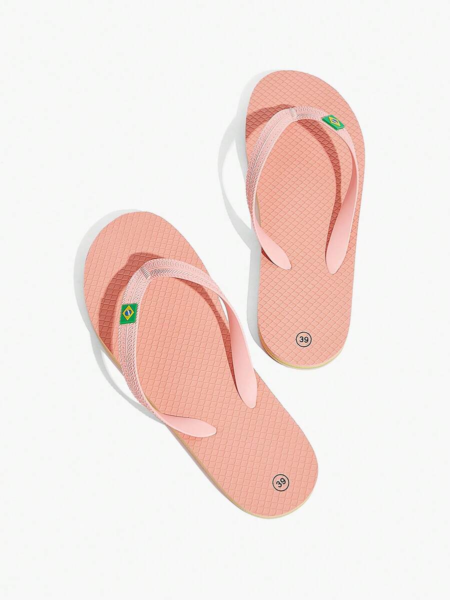 Color Matching Printed Flat-Bottomed Beach Flip-Flops, Suitable For Indoor And Outdoor Wear, Beach T-Slippers, Light And Comfortable, Non-Slip, Suitable For Outdoor Walking, Street Fashion, Multi-Functional Flat-Bottomed Slippers, Suitable For Indoor And Outdoor Wear, Tropical Style In Vacation Season, Solid Color Design, Suitable For Spring And Summer, Back-To-School Season Beach Outfit Flip Flops - Naked pink - View 1