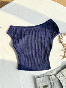 SHEIN Áo trễ vai xếp ly màu xanh hải quân cho bé gái tuổi teen, thiết kế không tay xếp ly có họa tiết, chất liệu mềm mại, phù hợp cho mùa hè, kiểu trễ vai + chất liệu có họa tiết độc đáo phù hợp cho trang phục thường ngày, không bó sát, dễ phối đồ và tạo nên vẻ ngoài nữ tính dịu dàng. - Xanh đậm - Xem 2