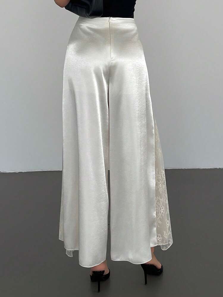 Elegant White Lace & Satin Patchwork Women's Wide Leg Pants, Suitable For Weddings, Events, Easter Parties In Summer