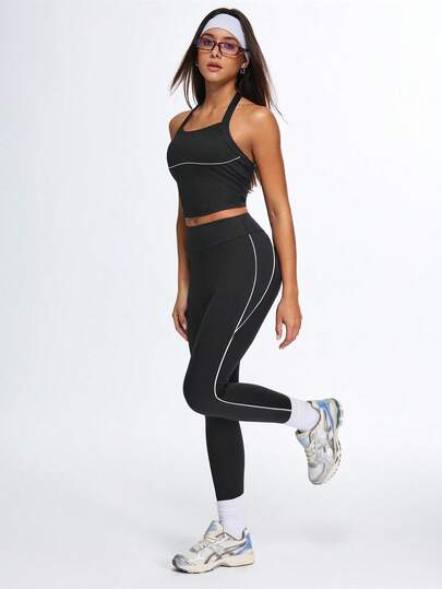  Eassivo Women's Solid Sleeveless Top & Leggings Sports Set - Slim-Fit Gym Two Pieces Outfit For Running, Training & Yoga