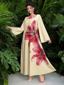 Yasmyna Women's Yellow Woven Placement Print Long Sleeve Halter Neck Floral Elegant Romantic Turkish & Arabic Traditional Maxi Dress, Spring/Summer - Yellow - View 5