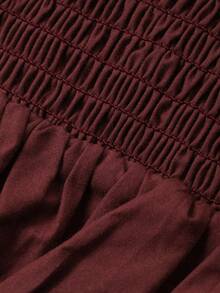 DAZY 女士纯色修身露肩荷叶边休闲度假衬衫，春秋季 - 酒紅色 - 查看 9