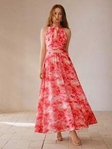 MOTF PREMIUM 女士优雅印花褶皱无袖连衣裙 - 紅色 - 查看 4