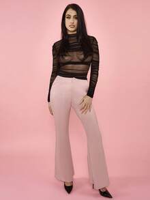 OverBlushhh 女士透视网纱弹力褶皱紧身露背心形镂空长袖高领性感透视上衣，适合情人节、派对、生日、约会之夜、特殊场合 - 黑色 - 查看 4