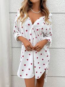 Cévolie Casual Retro Elegant Commuter Versatile Spring/Summer Shirt Dress, Red & White Heart Print Pattern, Couple Style, Front Pocket Design, With Belt - Red and White - View 4