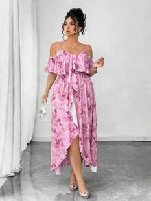 SHEIN Elenzya Đầm maxi không tay dáng xòe bất đối xứng in hoa, xếp nếp, hở vai, cỡ lớn, thanh lịch và lãng mạn cho kỳ nghỉ, mùa xuân/hè. - Hồng - Xem 3