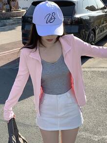 DAZY Teen Girl Fitted Basic Casual Autumn Jacket With Lapel Collar Spring - Baby Pink - View 6