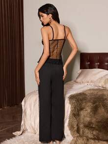 Slumberist Mature Sexy Polka Dot Mesh Semi-Fitted Camisole & Long Pants Women Pajama Set - Black - View 4