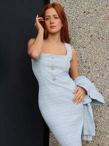 SILVIA DI SANTO 两件套粗花呢套装：优雅人字纹西装外套 + 无袖修身连衣裙，春秋季时尚淑女装 - 藍白色 - 查看 5