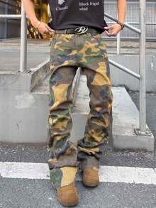 Men's Casual Slant Pocket Camouflage Layered Denim Jeans - Army Green - View 3