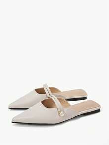 Alvarani Women's Pointed Toe Kitten Heel Minimalist Cross Strap PU Leather White Slingback Office Daily - Beige - View 6