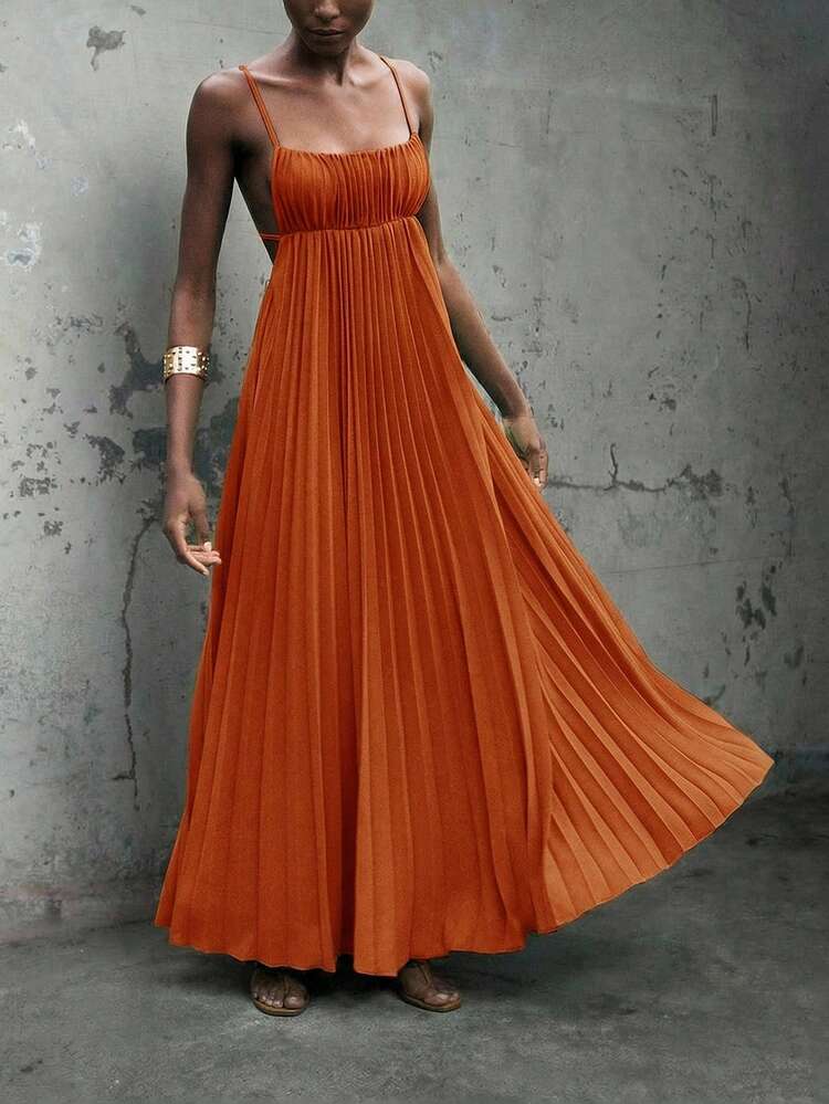 SHEIN Maija Vestito casual urbano da vacanza in spiaggia versatile da donna, color arancione rosso con decorazioni, camicia in lino larga di a collo e arricciature a metà lunghezza