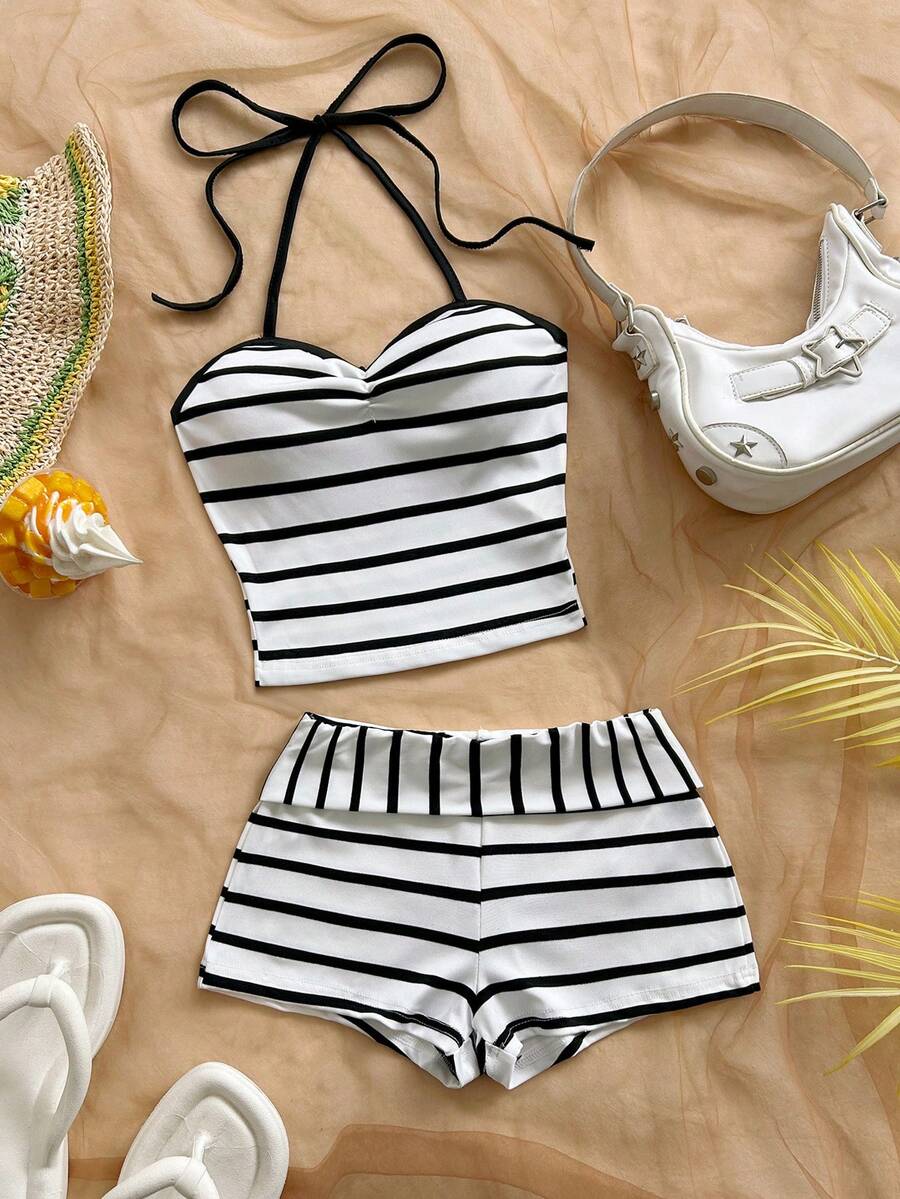 Soleia Women's Striped Halter Tie Top And Shorts Casual 2 Pieces Set - Black and White - View 1