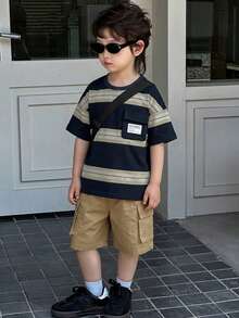 DAZY 男童条纹落肩短袖T恤套装 - 藏蓝色 - 查看 3