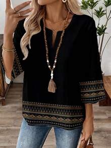 EMERY ROSE 女士七分袖V领工作衬衫，春秋季 - 黑色 - 查看 6