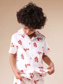 SUMWON Boys Cherry Print Button Down Shirt And Matching Shorts Two Piece Summer Co-Ord Set Casual - White - View 3