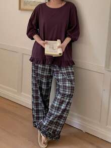 Dazy Plus Plus Size Women Solid Color Round Neck Ruffle Hem Top And Plaid Pants Pajama Set Summer - Purple - View 2