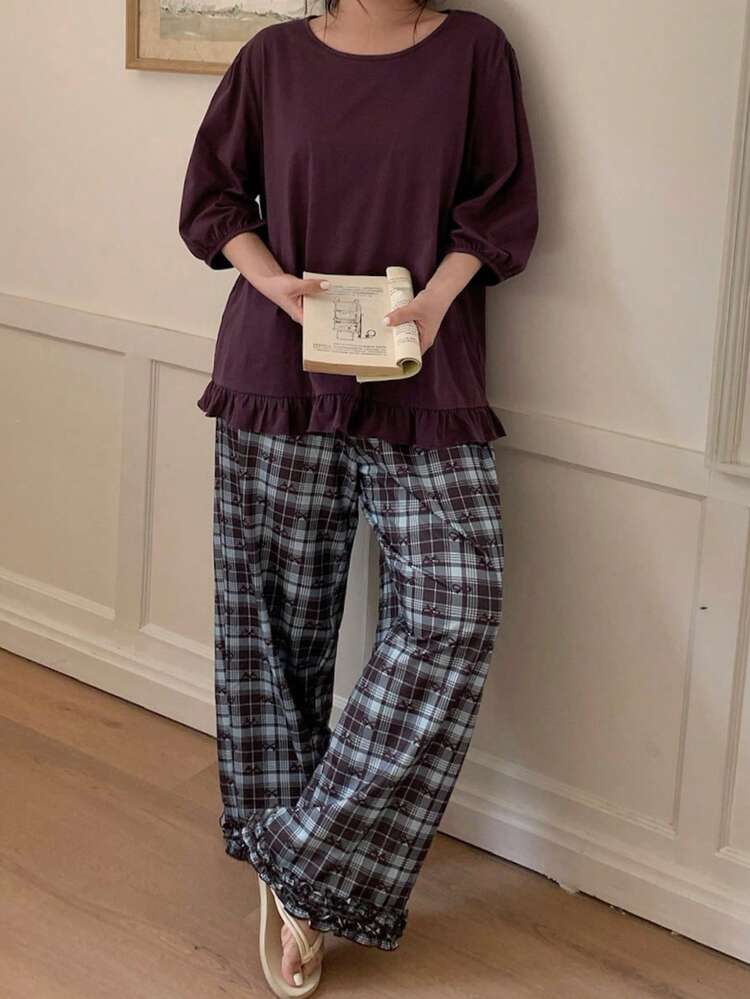 Dazy Plus Plus Size Women Solid Color Round Neck Ruffle Hem Top And Plaid Pants Pajama Set