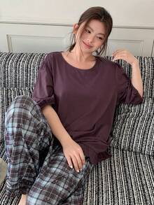 Dazy Plus Plus Size Women Solid Color Round Neck Ruffle Hem Top And Plaid Pants Pajama Set Summer - Purple - View 6