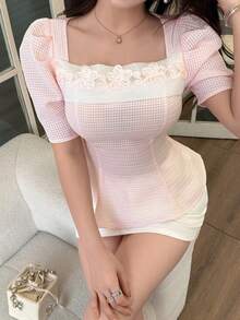 Feyla Women's Puff Sleeve Short Sleeve Square Neck Ruched Waist Elegant Blouse - Pink - View 5