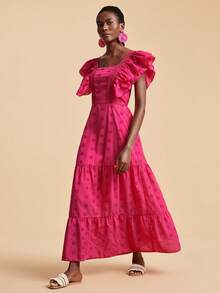 Travachic 女士纯色时尚荷叶袖连衣裙 - 玫紅色 - 查看 1