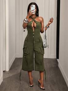 BamGleam Women's Street Fashion Pocket Denim Jumpsuit - Army Green - View 6