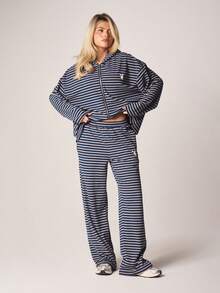 Missguided x Playboy Striped Two Piece Hooded Zip Up Jacket And Wide Leg Trouser Coord Set Loungewear - Multicolor - View 1