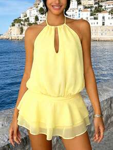 INAWLY Romantic Halter Neck Dress, Suitable For Spring/Summer Beach Vacation - Light Yellow - View 4