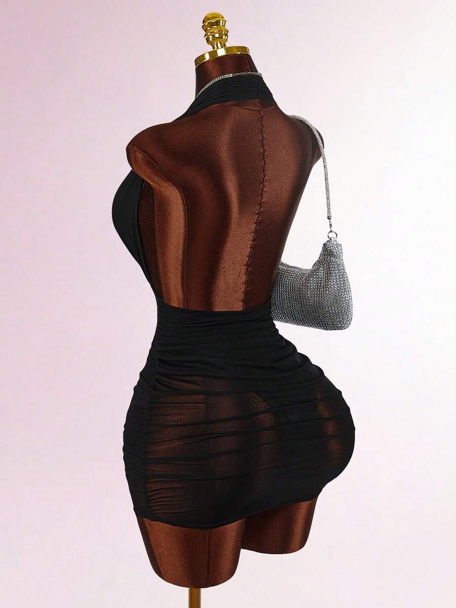 Amplova Vestido de fiesta ajustado sin espalda con adornos de strass sin mangas - Negro - Ver 1