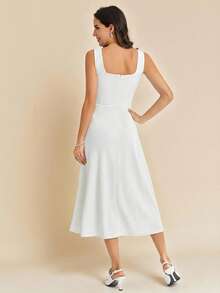 Amorya Women's Solid Color Square Neck Sleeveless Simple Design Elegant Dress ,Summer Dress,Elegant Dress - White - View 8