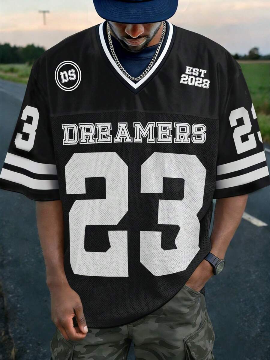 Aesthetic Post Men's Striped & Letter Print V-Neck Casual Short Sleeve T-Shirt - Multicolor - View 1