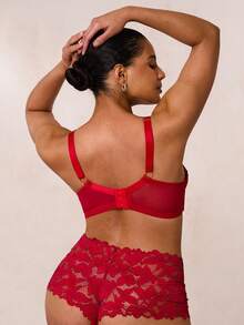 SHEIN BAE 大码蕾丝拼布钢圈文胸，提升型 - 紅色 - 查看 2