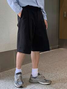 DAZY 男士常规褶裥设计通勤黑色短裤，夏季 - 黑色 - 查看 5