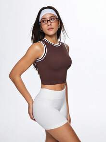 Gameset SHEIN Sport Women's Mocha Dark Brown Seamless Sport Crop,White Stripe Ribbed Trim,Supportive High-Neck,Summer Athleisure,Gym Top,Athletic Workout Sports Crop Top - Brown - View 5