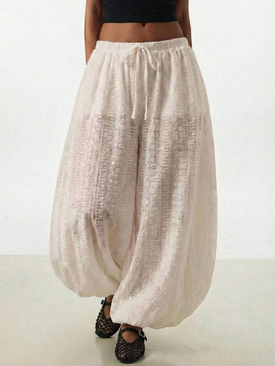 Poéselle 休闲纯色提花低腰哈伦裤 - 白色 - 查看 1