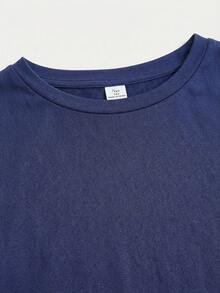 2件套少女春夏藏蓝色褶皱短袖圆领T恤+高腰褶皱喇叭裤，适合日常穿着和上学，基础款套装 - 藏蓝色 - 查看 6