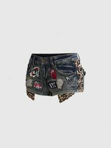 ROMWE Grunge Punk Y2K 夏季女装豹纹拼接徽章刺绣超低腰牛仔短裤 - 藍色 - 查看 5