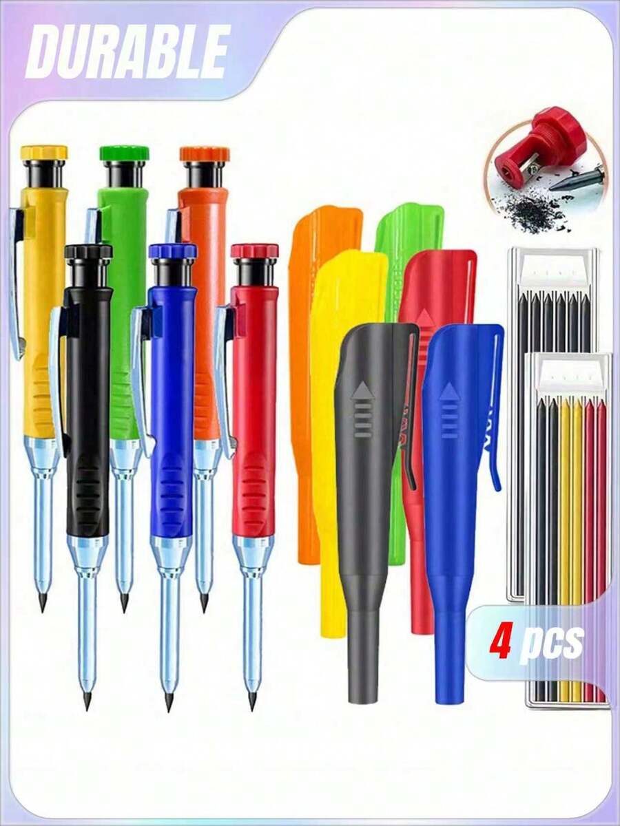 4Pcs/Set 2.8mm Solid Carpenter Pencil With Pencil Cap, Professional Deep Hole Mechanical Pencil Marker For Woodworking & Construction, Includes Built-In Sharpener, 2 Boxes Of Refill Leads, Durable Writing Tool For Carpenters, Architects, Contractors, DIY Enthusiasts, Ideal For Marking On Rough Surfaces, Heavy-Duty Design For Precision And Long-Lasting Use On-Site Or In Workshop