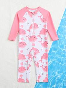 Traje de baño de una pieza de manga larga con estampado de ballena lindo para niñas, color morado, adecuado para verano y vacaciones - Rosa - Ver 6