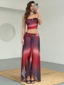 Aloruh Dark Purple Summer Boho Beach Holiday Women's 2 Pieces Skirt Set,Ombre Animal Print Strapless Metal Decor Ruched Top & Low Waist High Slit A-Line Skirt - Multicolor - View 10
