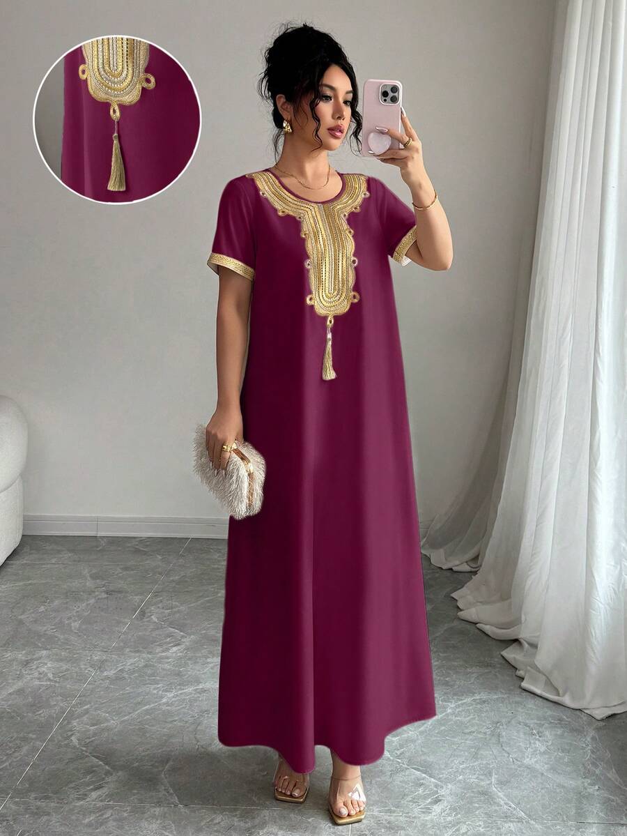 Rafferiza 女士撞色金色蕾丝边短袖连衣裙 - 紫色 - 查看 1