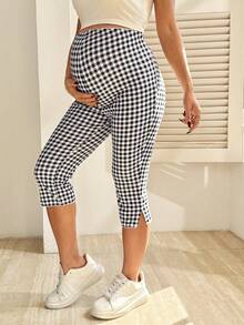 SHEIN Maternity Casual Plaid Adjustable Waist 7/8 Leggings - Black and White - View 5