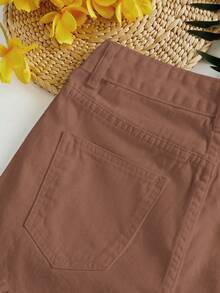 SHEIN Essnce Quần short denim nữ thường ngày, có túi và cài nút. - màu nâu - Xem 4