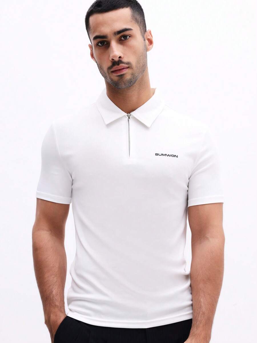 SUMWON Áo polo tay ngắn cổ khóa kéo cổ điển có logo, dáng regular fit, thích hợp mặc mùa hè. - trắng - Xem 1