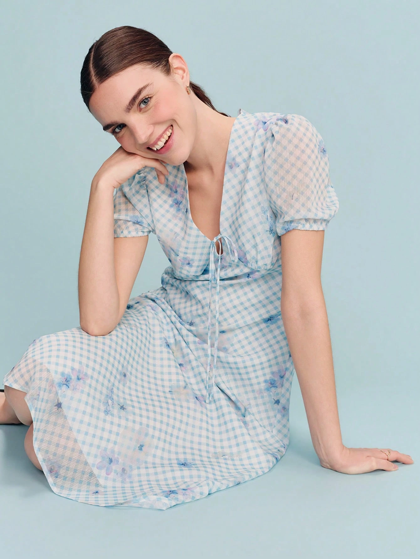 Blue Check Print V Neck Midi Dress With Tie Front Detail And Short Puff Sleeves Spring Summer Wedding Guest Dress French Style Parisian Style Going Out