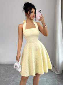 Elenzga 新款露背系带蝴蝶结提花面料年轻优雅可爱女士短裙 - 黃色 - 查看 3