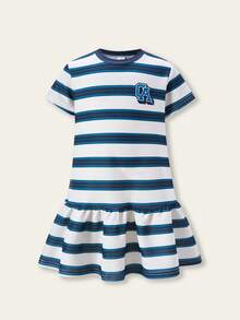 SHEIN Casuvi Kids 女童藏蓝色可爱圆领白色蝴蝶结装饰学院风舒适休闲连衣裙，适合春夏外出穿着 - 彩色 - 查看 7